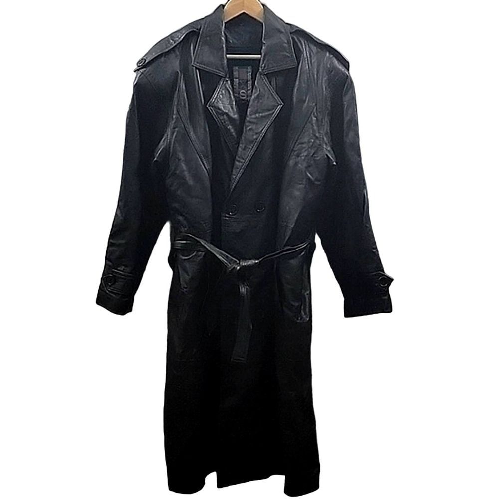 Vintage INXS Men's 90s Black Leather Trench Coat - Fleece Lined, Belted - SZ L